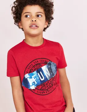 Tee-shirt rouge skate sequins réversibles garçon